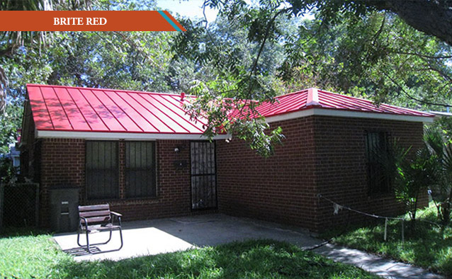 A Bright Red Metallic style roof on a one story red brick house.
