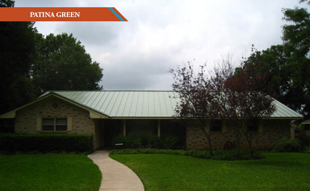 A Patina Green style metal roof on a one story Ranch Style home.